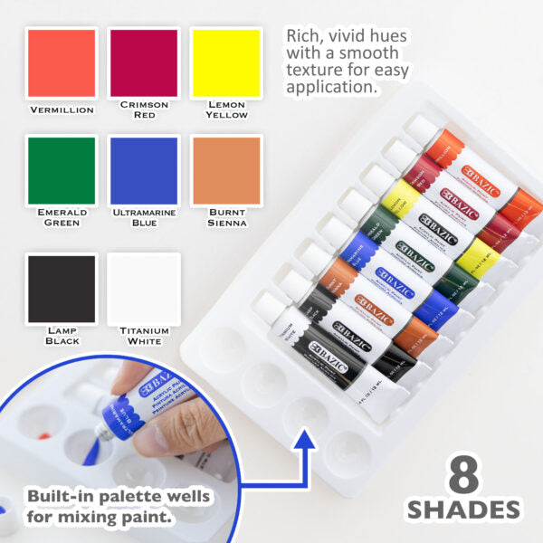 PINTURA ACRILICA SET 8 COLORES EN TUBO 12ml/ea (0.4 OZ) BAZIC