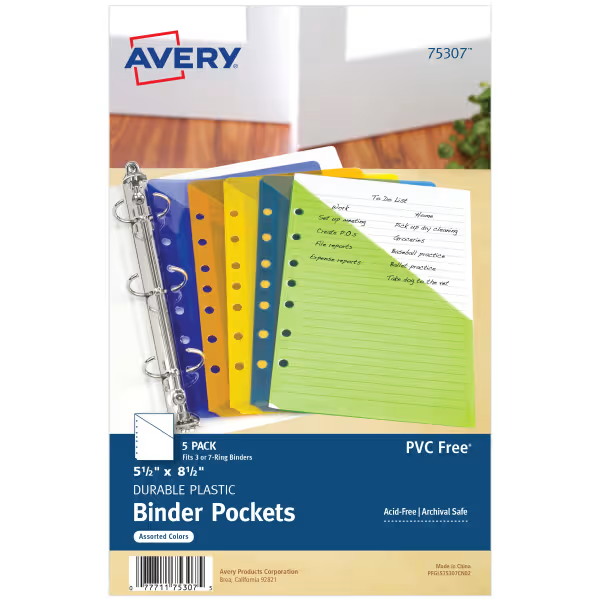 BOLSILLOS DE CARPETA MINI TAMAÑO 5½" X 8½" A COLORES PAQ-5 AVERY