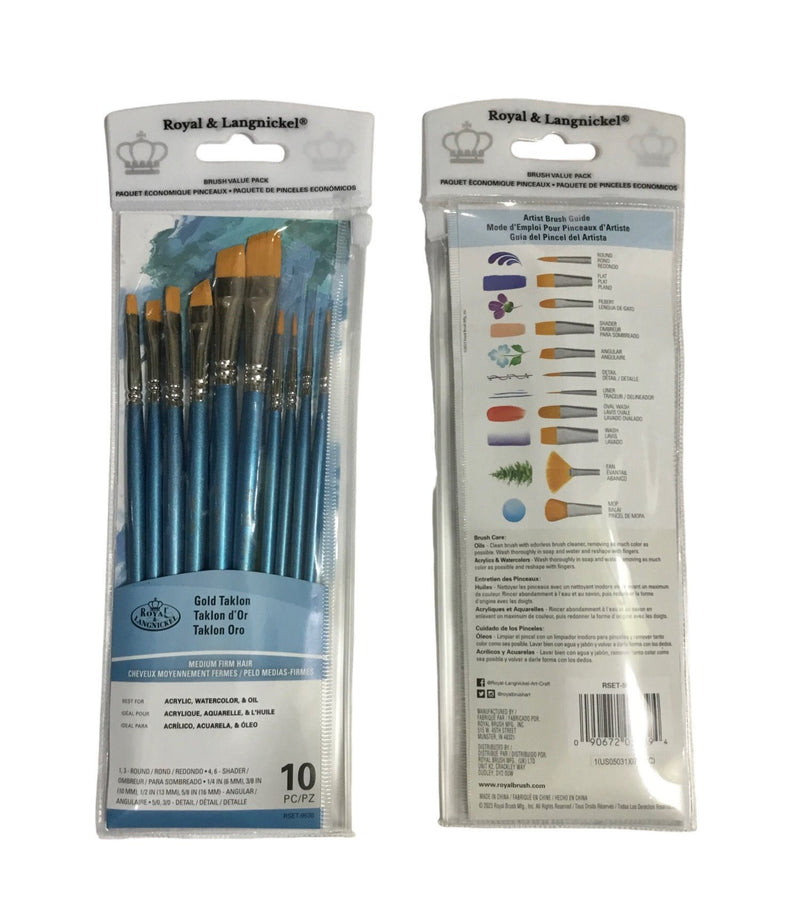 PINCELES PLANOS Y REDONDOS TAKLON ORO SET DE 10 ROYAL BRUSH