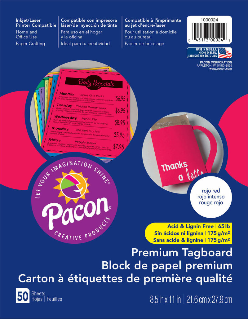 PAPEL CARTULINA 8.5" X 11" 65 LIBRAS PQ-50 HOJAS ROJAS PACON