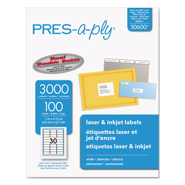 LABEL 1" X 2 5/8" BLANCO CJ-3000,100 HOJAS DE 30 LABELS PRESS-A-PLY