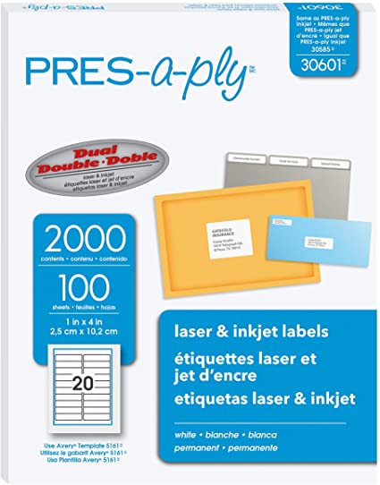 LABEL 1" X 4" BLANCO CJ-2000,100 HOJAS DE 20 LABELS PRESS-A-PLY