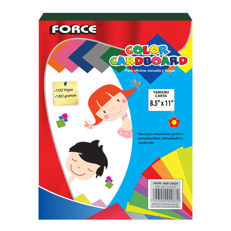 PAPEL CARTULINA 8.5" X 11" 65 LIBRAS PQ-100 HOJAS VARIOS COLORES FORCE