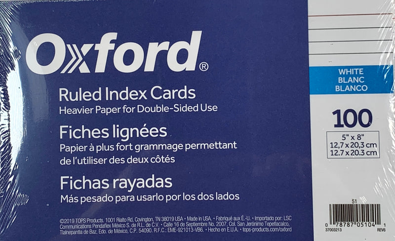 INDEX CARD 5" X 8" BLANCA RALLADA PQ-100 OXFORD