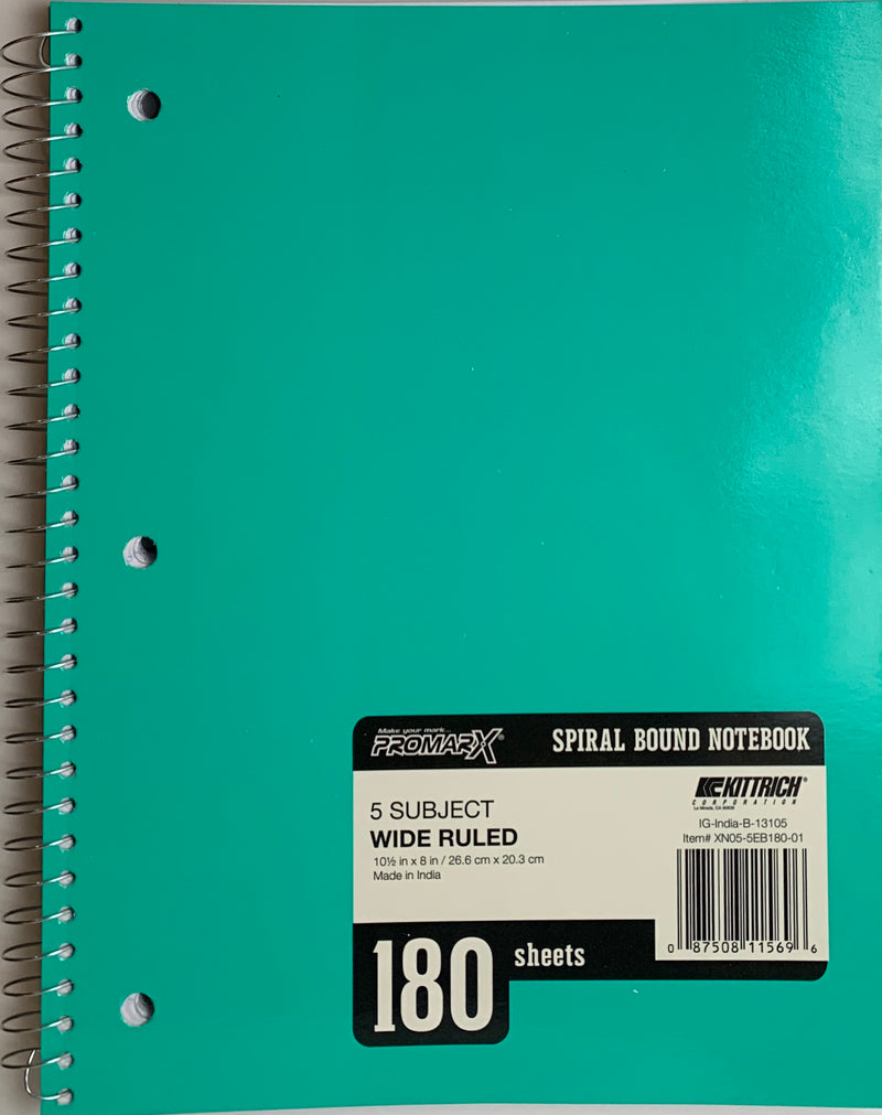 LIBRETA ARGOLLADA GRANDE DE 5 DIVISIONES 180 HOJAS VARIOS COLORES A ESCOGER PROMARX