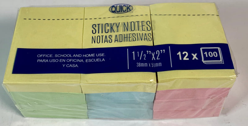 SELF STICK NOTES 1 1/2" X 2" COLORES PASTEL PQ-12 QUICK