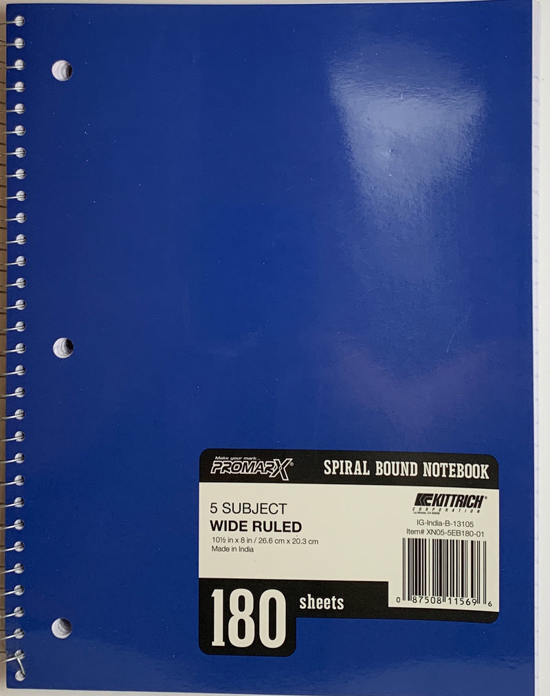 LIBRETA ARGOLLADA GRANDE DE 5 DIVISIONES 180 HOJAS VARIOS COLORES A ESCOGER PROMARX