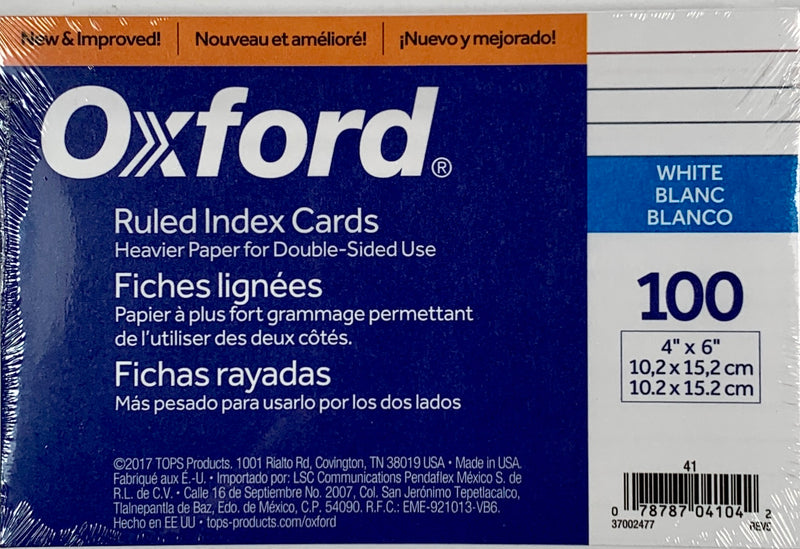 INDEX CARD 4" X 6" BLANCA RALLADA PQ-100 OXFORD