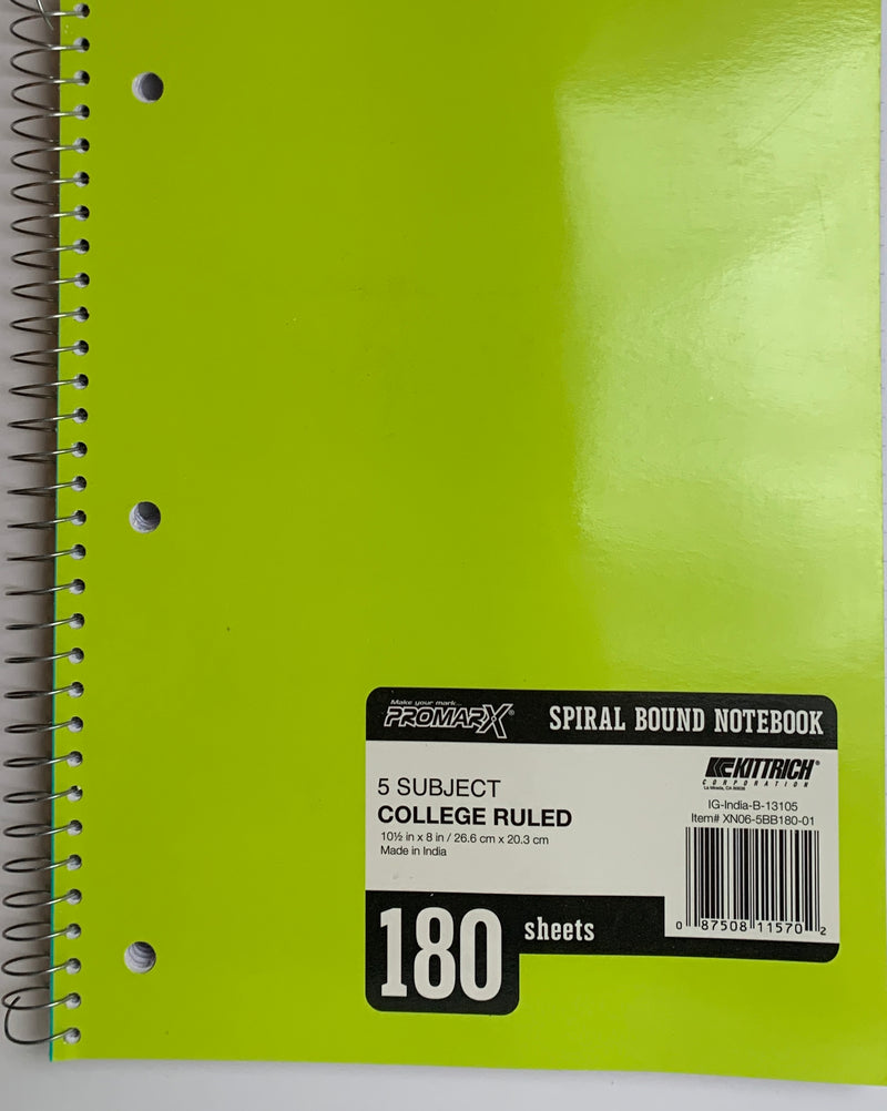 LIBRETA ARGOLLADA GRANDE DE 5 DIVISIONES 180 HOJAS VARIOS COLORES A ESCOGER PROMARX