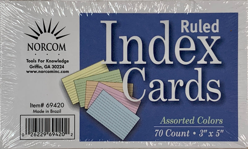 INDEX CARD 3" X 5" EN COLORES PASTEL RALLADA PQ-70 NORCOM