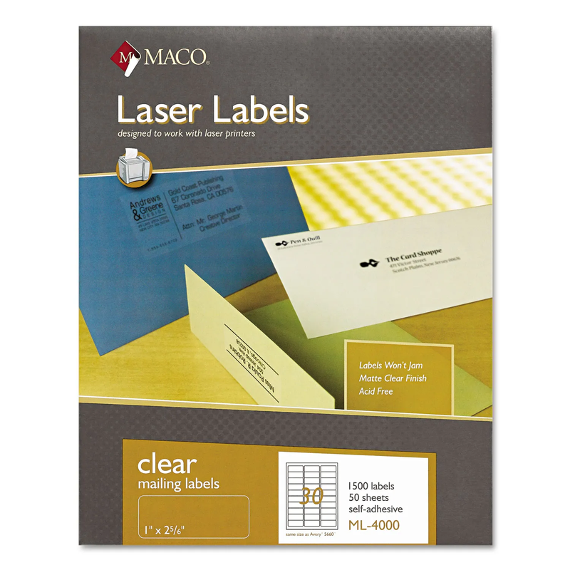 LABEL 1" X 2 5/8" CLEAR CJ-1500, 50 HOJAS DE 30 LABELS MACO