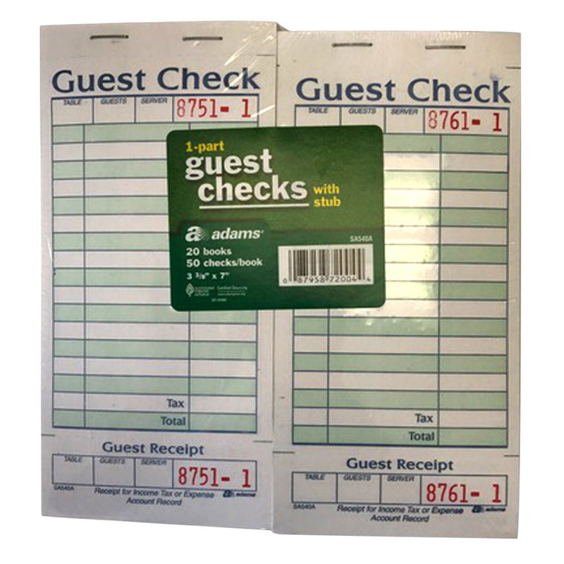 LIBRETA DE GUEST CHECK 1 PARTE  3 3/8" X 7" PQ-20 ADAMS